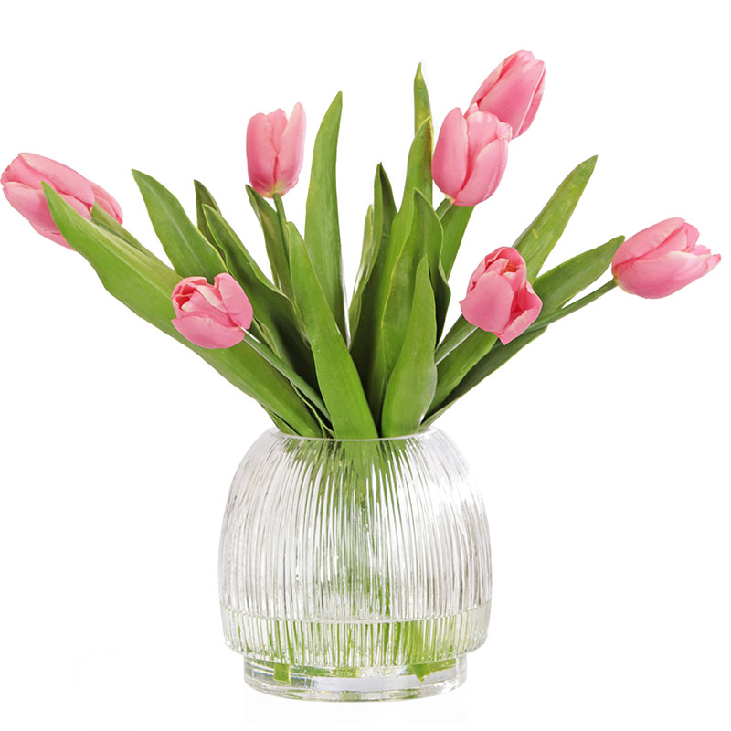 Pink Tulip Arrangement in Ribbed Vase