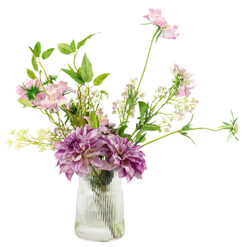 Scabiosa & Dahlia in Ribbed Glass Vase