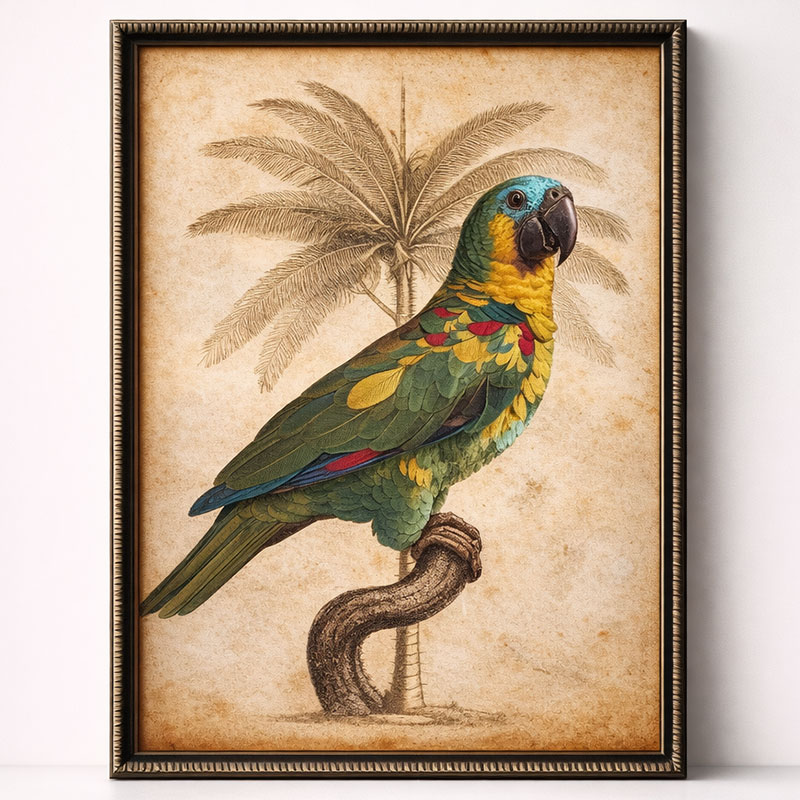 Turquoise Headed Parrot Artwork Rattan Frame