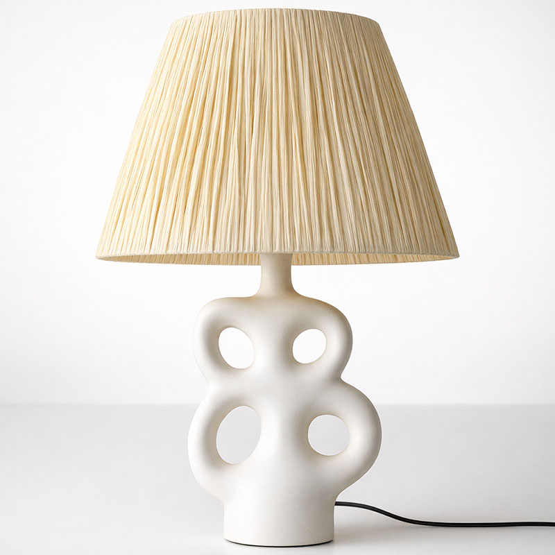 White Cut-Out Lamp with Raffia Shade